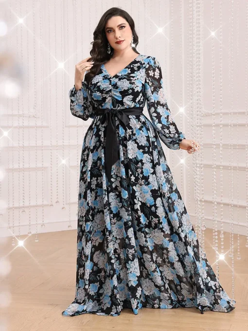 Plus Size Floral Print V-Neck Belted Lantern Sleeve Dress - Image 3