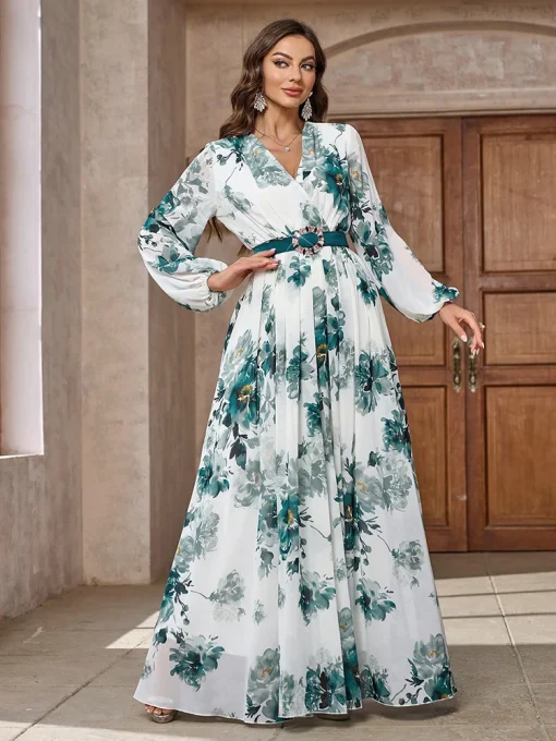 Floral Printed Mesh Lantern Sleeve Belted Long Dress - Image 3