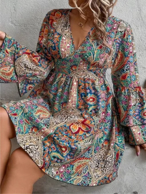 Elegant Plus Size V-Neck Printed Long Sleeve Summer Dress - Image 5