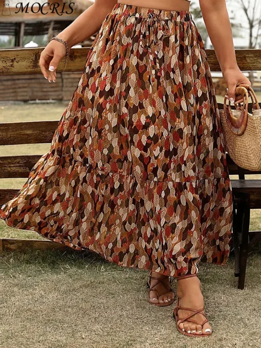 Plus Size Elegant Leaf Pattern Long Skirt for Women - Image 3