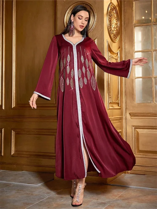 Women’s V-Neck Embroidered Floor-Length Muslim Dress - Image 6