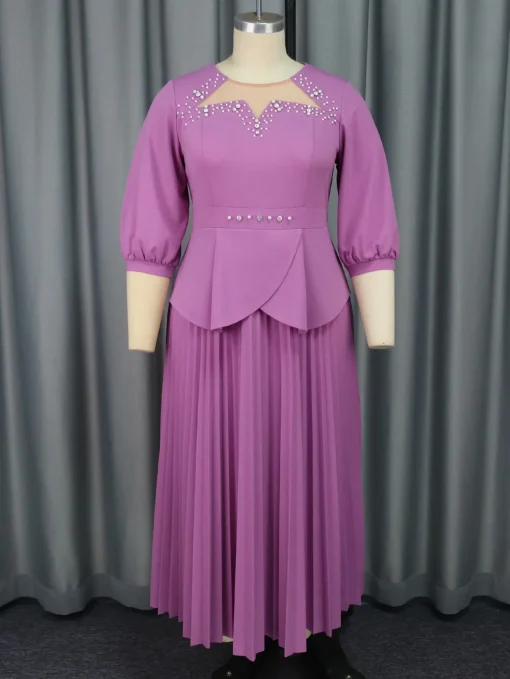 Purple Beaded Evening Dress with Bubble Sleeves for Women - Image 4