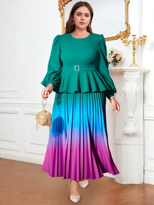 Modest Plus Size Maxi Gradient Pleated Peplum Dress