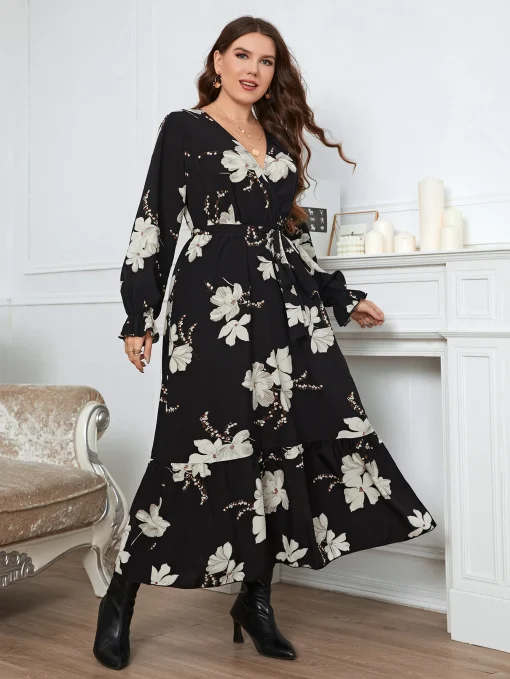 Elegant Plus Size V-Neck Linen Flower Party Dress