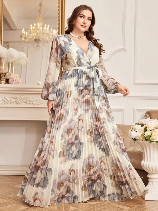 Elegant V-Neck Belted Floral Print Plus Size Maxi Dress - Image 3