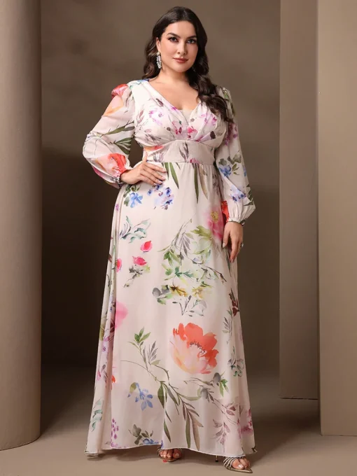 Elegant V-Neck Floral Mesh Plus Size Long Sleeve Dress - Image 6