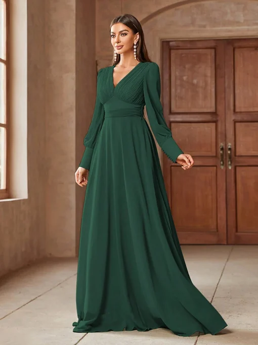 Simple V-Neck Solid Color Long Sleeve Formal Party Dress - Image 3