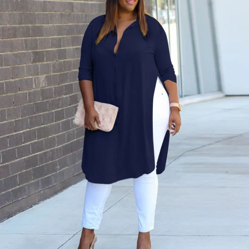 Plus Size Long Sleeve Lapel Tunic Top - Image 5