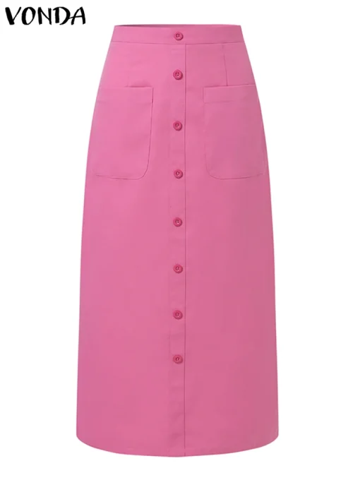 Women’s Elegant Solid Color Midi Skirt with Pockets - Image 2