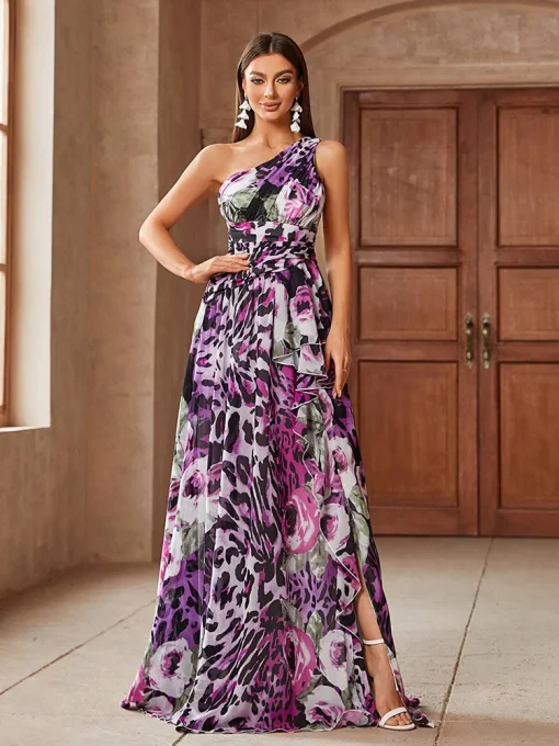 Elegant Asymmetrical Neckline Floral Leopard Print Ball Gown