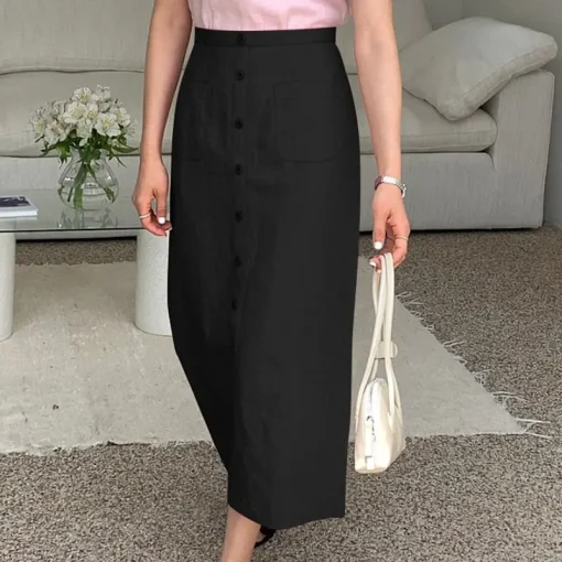 Elegant Summer Midi Skirt with Buttons and Pockets