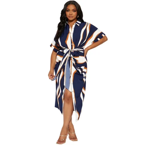 Plus Size Bohemian Stripe Midi Dress Half Sleeve Casual - Image 7