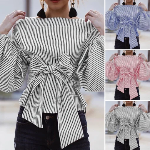 Plus Size Long Sleeve Striped Blouse for Women