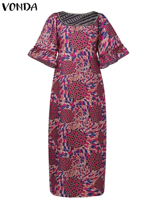 Bohemian Maxi Dress Vintage Fare Sleeve Print Round Neck Sundress - Image 2