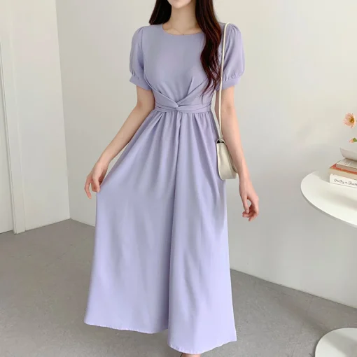 Women’s Pleated Solid Color Belted Summer Midi Dress - Image 6