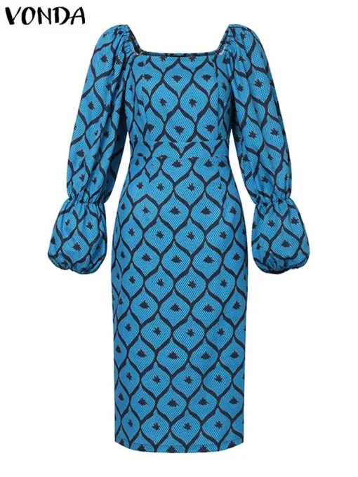 Bohemian Printed Midi Dress with Lantern Sleeves - Image 2