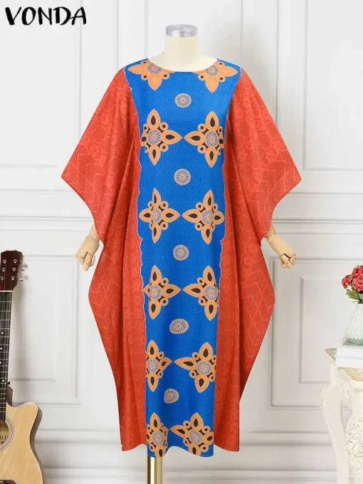 Bohemian Vintage Printed Bat Sleeve Maxi Dress - Image 2