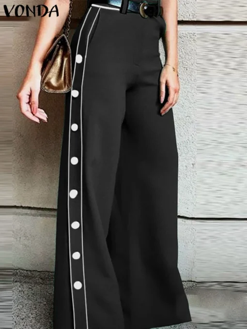 Elegant Wide Leg Office Pants with Button Detail - Image 2