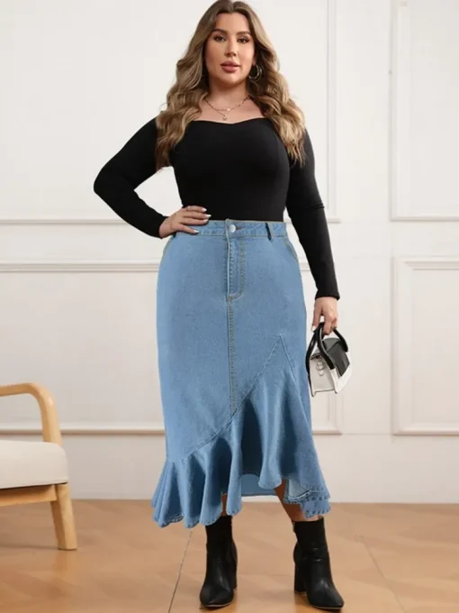 Plus Size Women's High Waist Washed Slit Denim Skirt