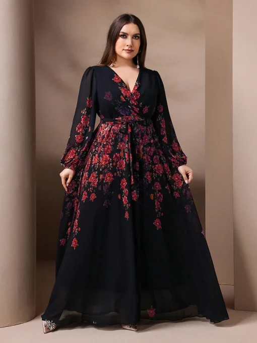 Elegant Plus Size Floral Print V-Neck Long Sleeve Maxi Dress - Image 6