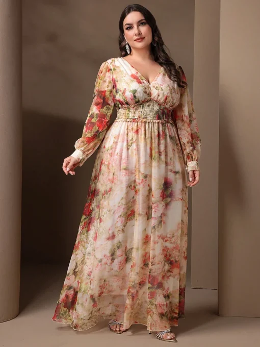 Plus Size Shirred Floral Print Long Sleeve Maxi Dress - Image 4