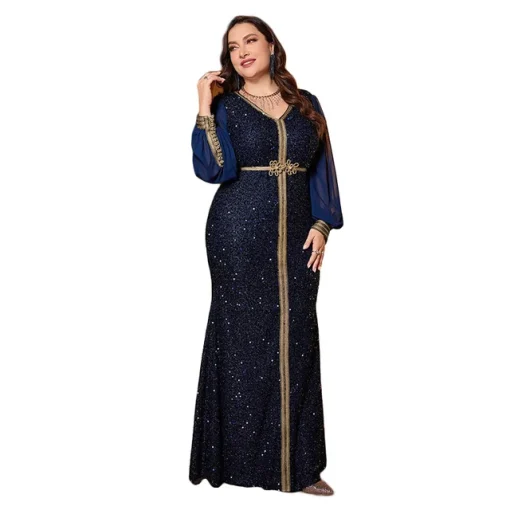 Plus Size Vintage Sequin V-Neck Maxi Evening Dress - Image 7