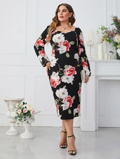 Elegant Plus Size Floral Party Dress with Long Sleeves - Image 2