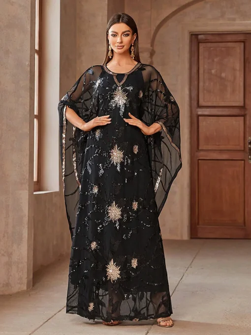 Luxury Sequin Mesh Batwing Sleeve Arabian Style Long Dress - Image 2