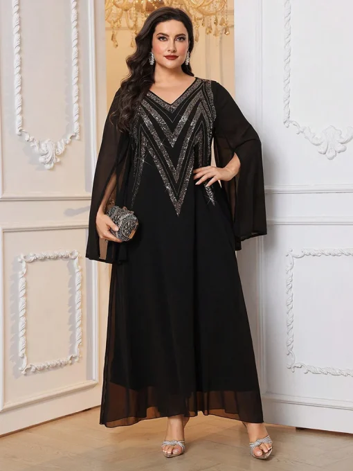 Plus Size Black Sequined Elegant Maxi Abaya Dress - Image 6