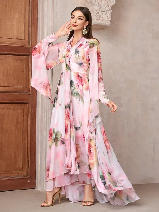 Elegant Floral Print High-Waist Bell Sleeve Maxi Dress - Image 2