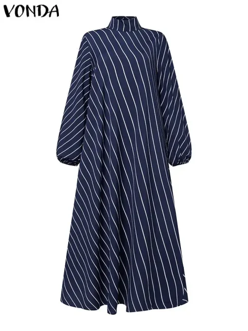 Elegant Autumn Maxi Dress High Neck Long Sleeve Striped Sundress - Image 2