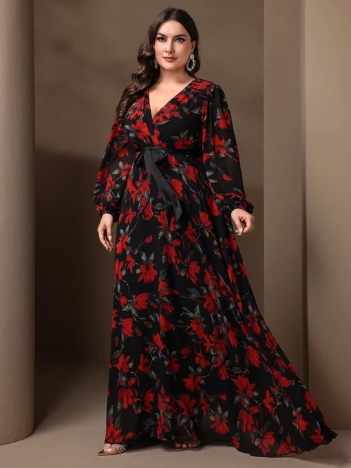 Plus Size Floral Print Lantern Sleeve Maxi Party Dress