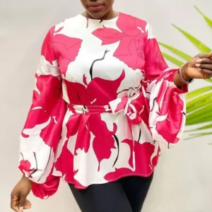 Plus Size Long Sleeve Bohemian Floral Office Blouse