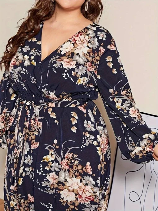 Elegant Plus Size Floral V-Neck Long Sleeve Evening Dress - Image 5