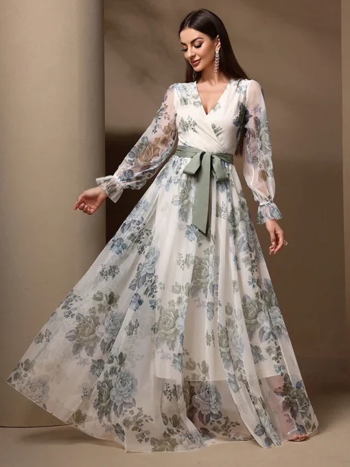 Floral Print Flare Sleeve Belted Lace Mesh Maxi Dress - Image 2