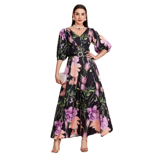 Boho Style Printed Floor-Length V-Neck Party Dress - Image 7