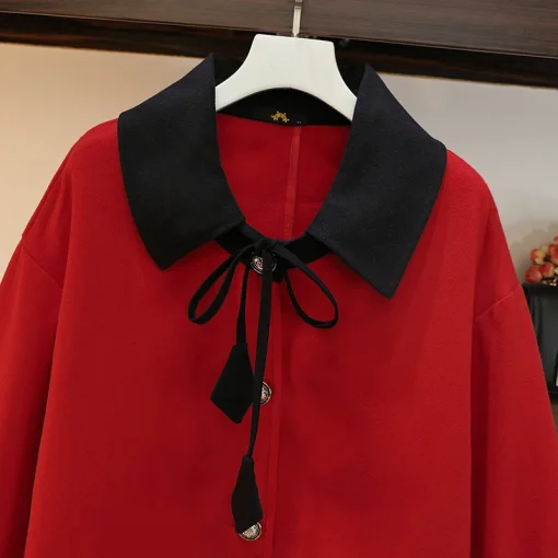 Plus Size Women's Red Wool Overcoat with Buttons - Image 2