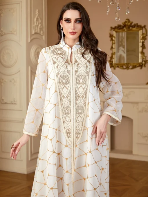 Vintage Embroidered A-Line High Neck Long Sleeve Dress - Image 3