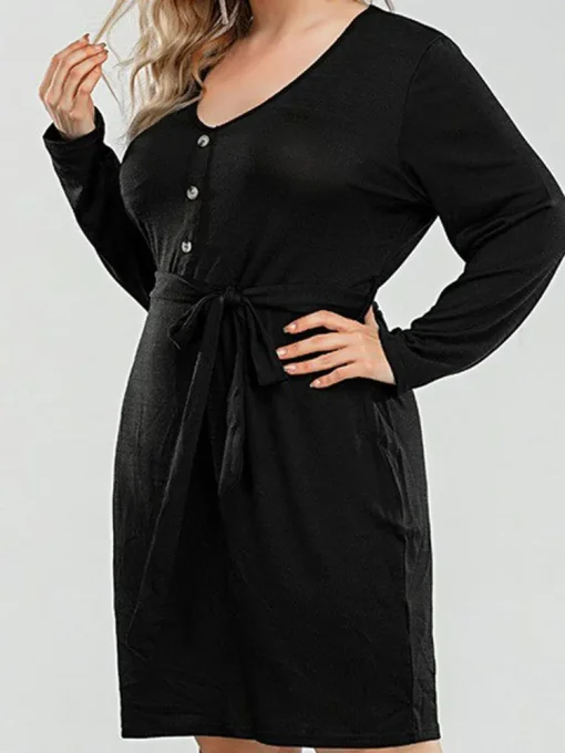 Elegant Plus Size Black V-Neck Belted Summer Dress - Image 5