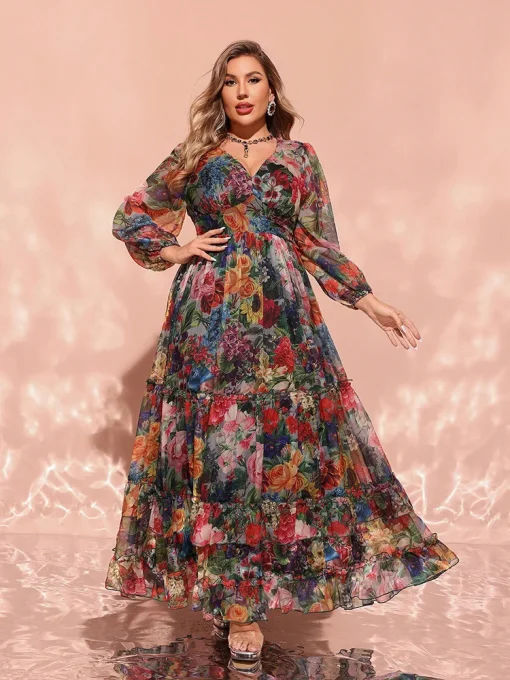 Elegant V-Neck Floral Print Plus Size Maxi Party Dress - Image 4