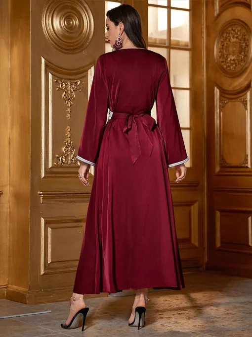 Women’s V-Neck Embroidered Floor-Length Muslim Dress - Image 2