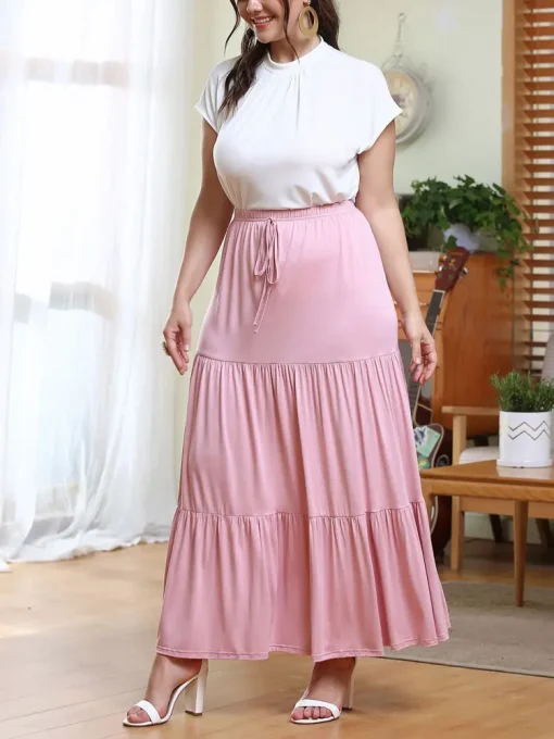 Elegant Plus Size Pink Ruffled Lace-Up Pleated Summer Skirt - Image 3