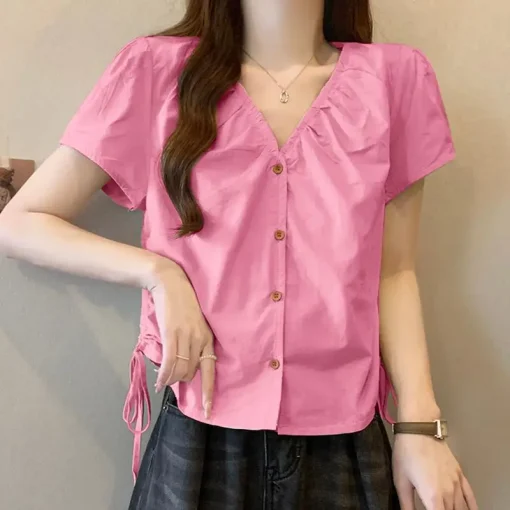 Stylish V-Neck Drawstring Tunic Shirts for Summer