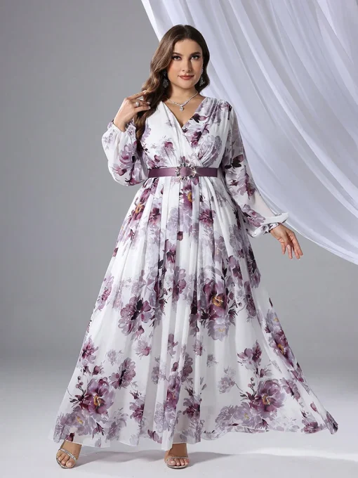 Plus Size Floral Print V-Neck Long Sleeve Maxi Dress - Image 6