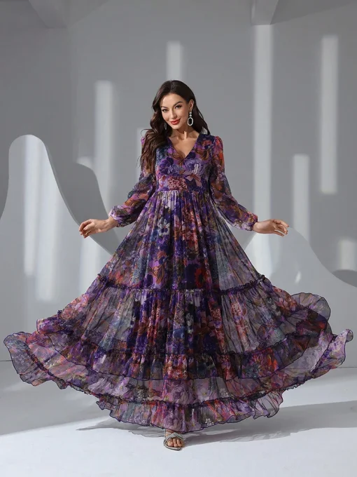 Casual Elegant Boho Floral Print Long Sleeve Maxi Dress - Image 4