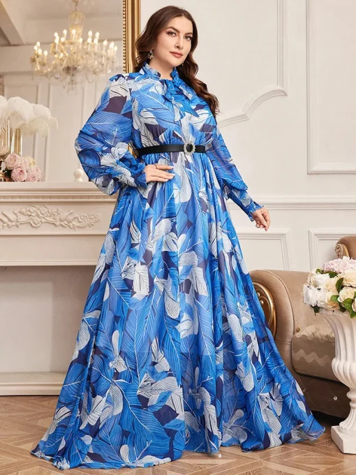 Plus Size Bow Belted Botanical Print Lantern Sleeve Dress - Image 3