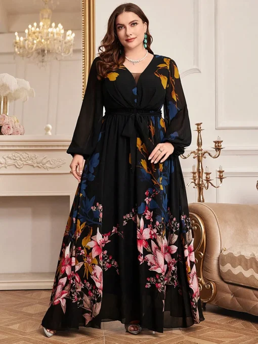 Plus Size Casual Elegant Floral Print Lantern Sleeve Maxi Dress