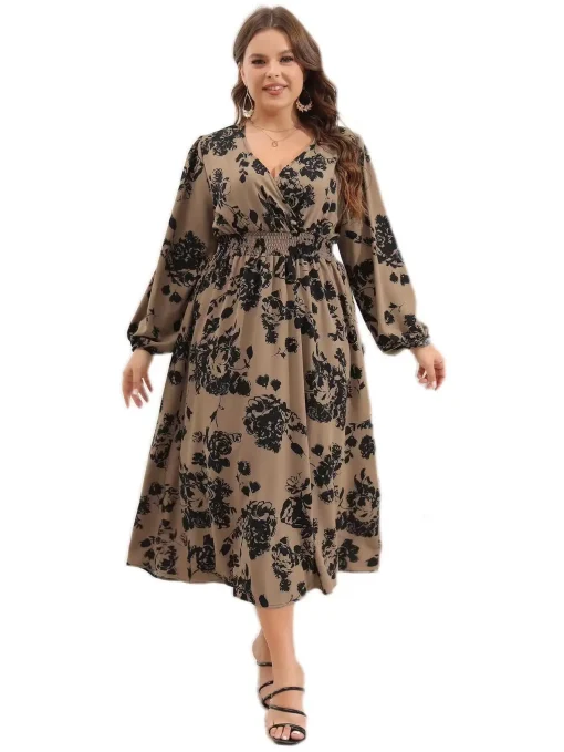 Elegant Plus Size V-Neck Printed Long Sleeve Linen Dress - Image 5