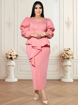 Plus Size Fall Winter Maxi Dress with Puff Sleeves