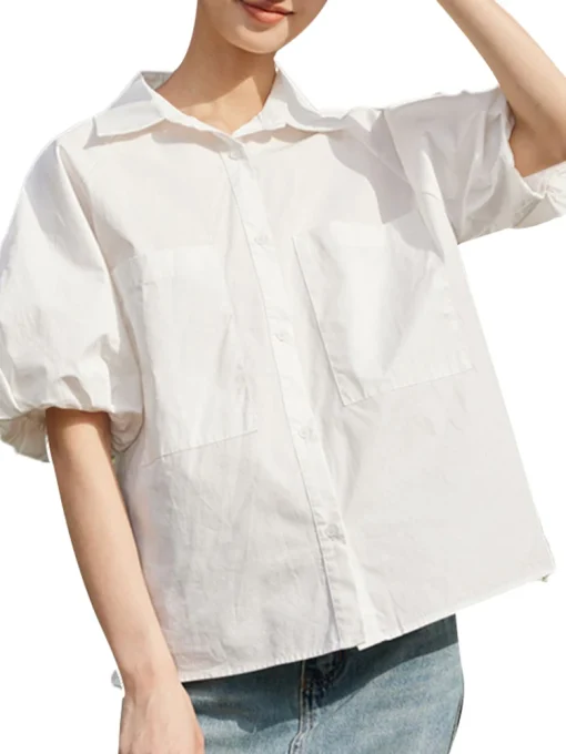 Elegant Loose Blouse with Lapel Neck and Half Sleeves - Image 2